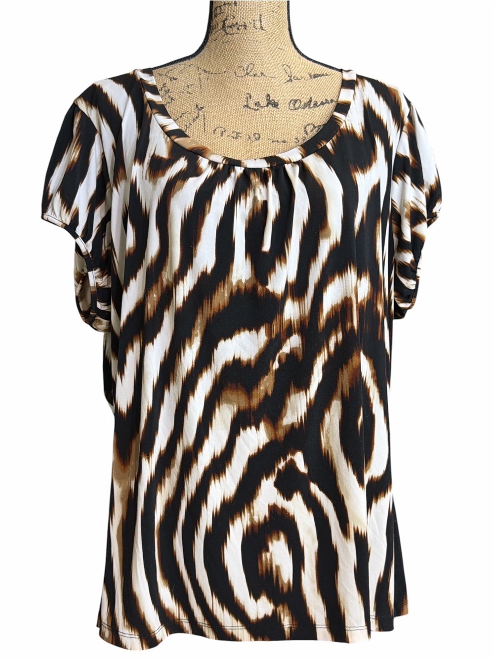 Worthington Women's Black White and Brown Animal-Print Scoop Neck Top EC Size 2X